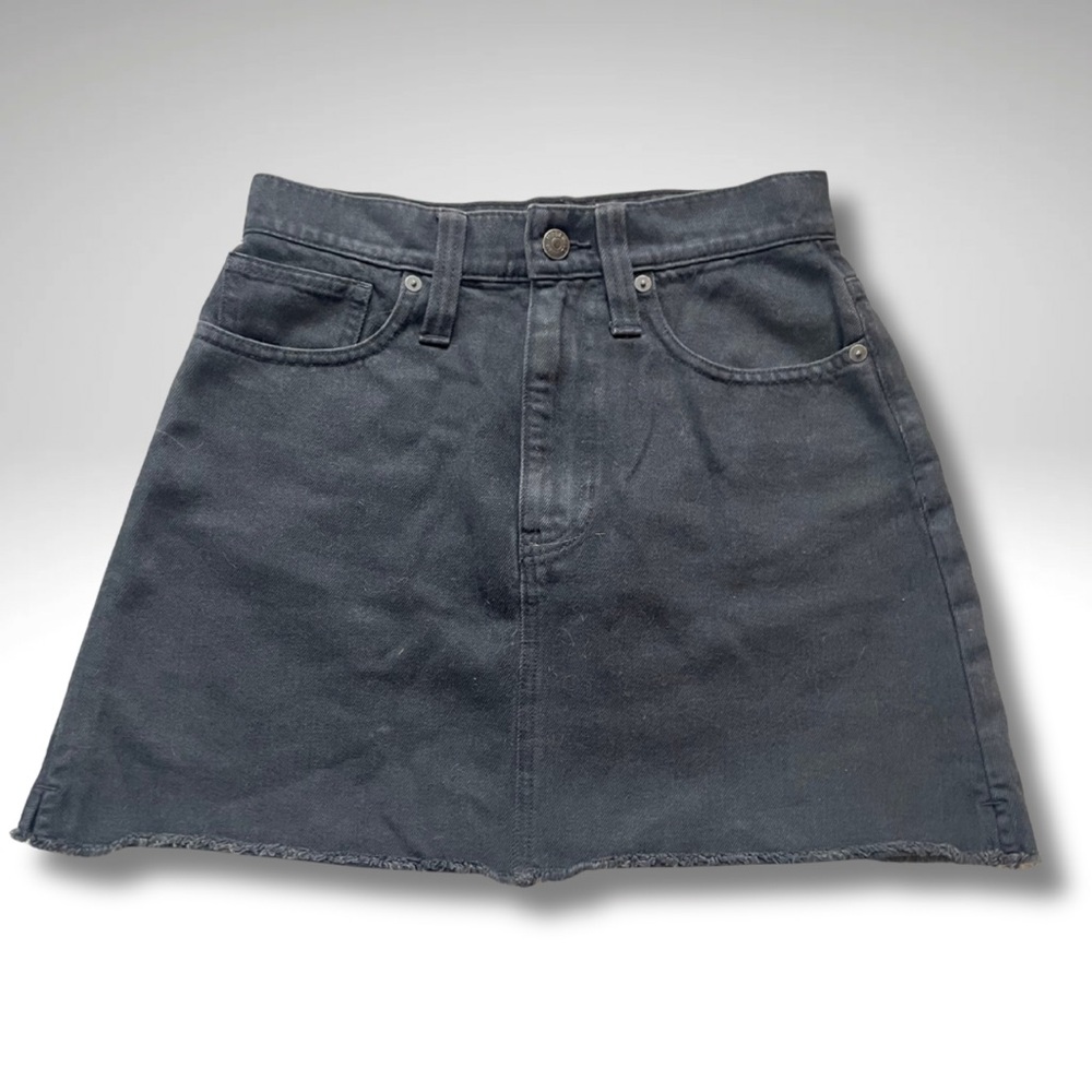 Madewell Black Denim A-Line Mini Skirt | Raw Hem | Size 24